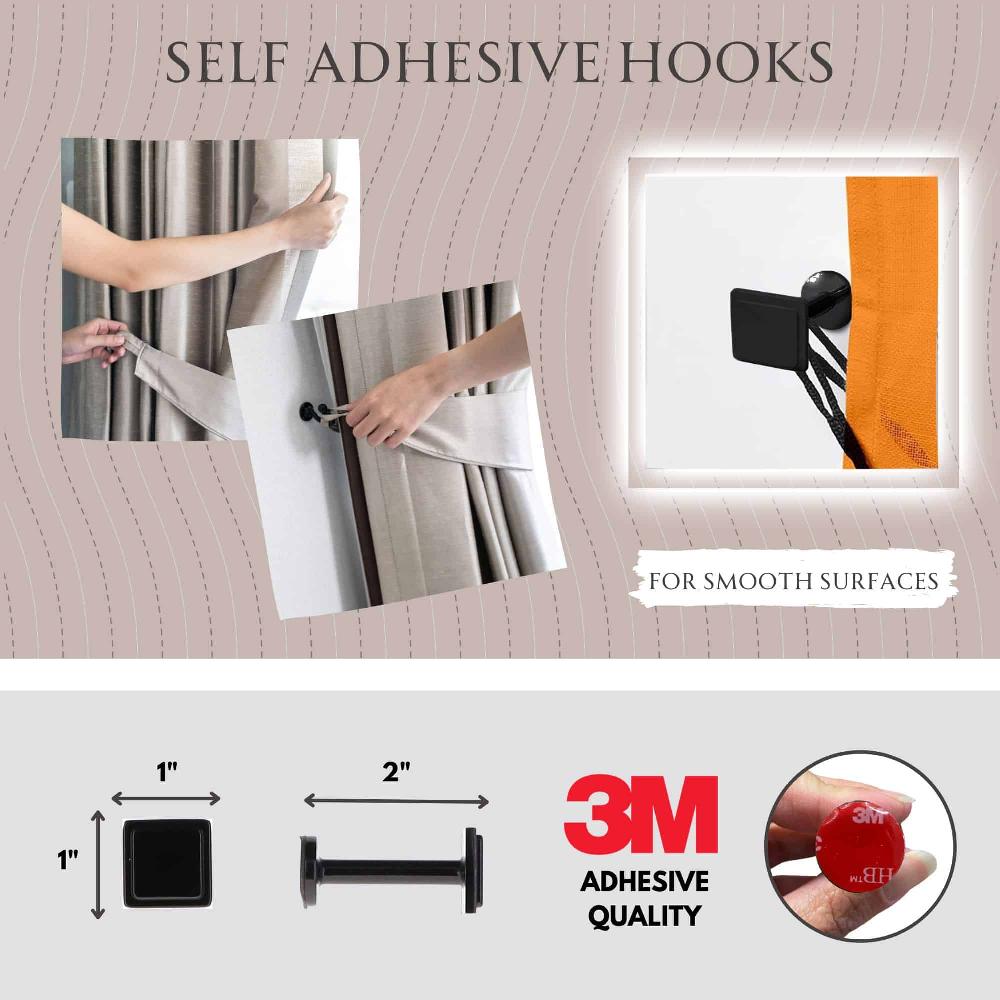 Evideco Modern Square Design Curtain Tieback Hooks – Set Of 2 Adhesive Metal Holdbacks For Window Treatment – Glossy Black Home Accessories Tie Backs & Magnets Metal Tie Backs Small Tie Backs For Window Sheers