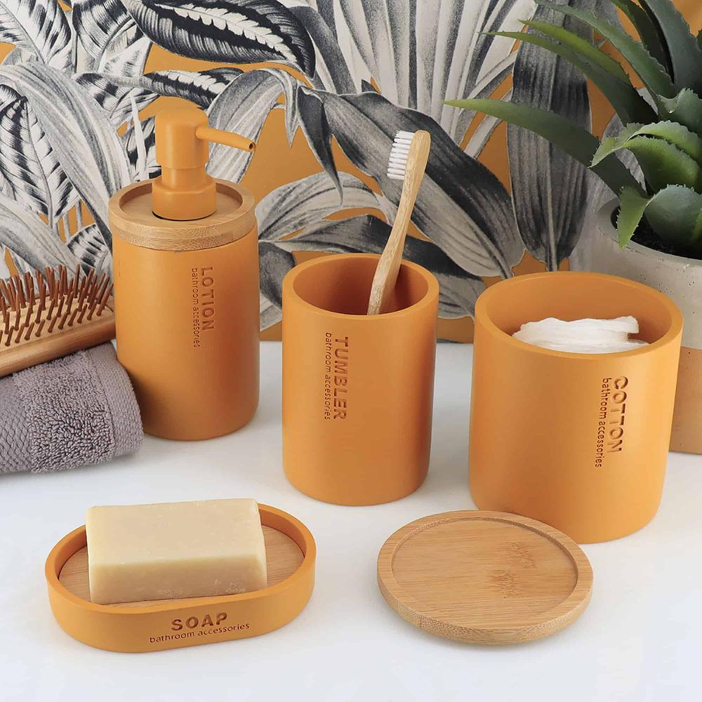 evideco Mustard Yellow Bathroom Accessories with Natural Accents Modern 6-piece Set Bathroom Accessories Bath Coordinate Sets