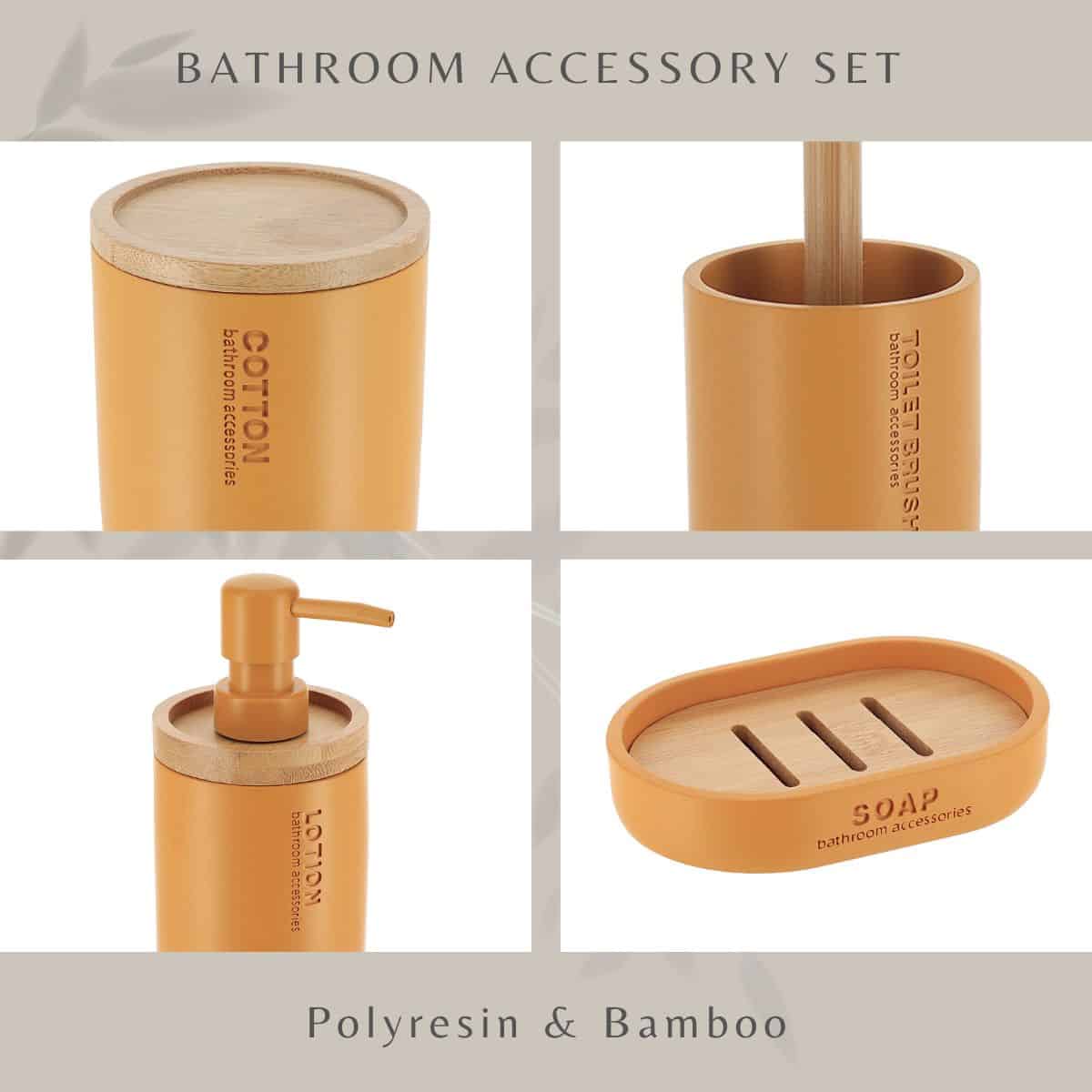 Evideco Mustard Yellow Bathroom Essentials Set With Natural Bamboo – 5 Pieces – Liquid Soap Pump Toothbrush Cup Toilet Brush Holder Cotton Container And Soap Holder Bathroom Accessories Bath Coordinate Sets