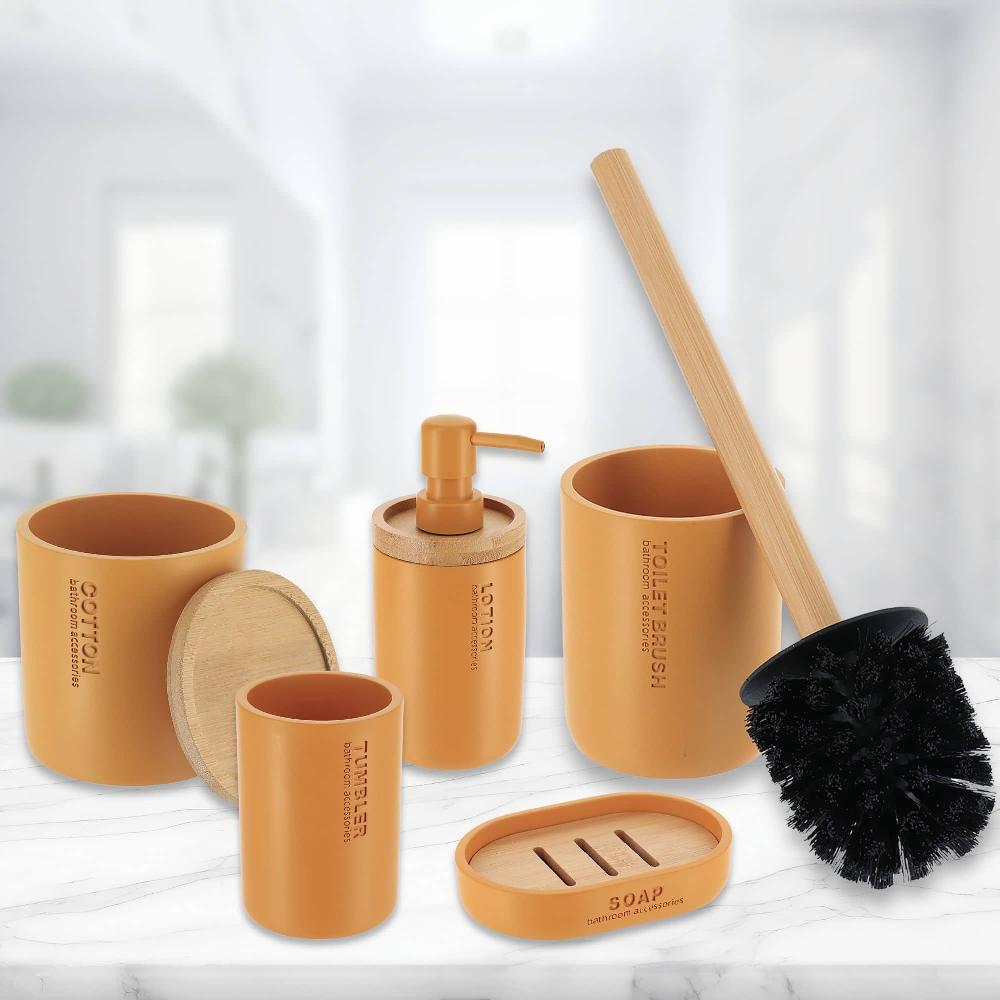 Evideco Mustard Yellow Bathroom Essentials Set With Natural Bamboo – 5 Pieces – Liquid Soap Pump Toothbrush Cup Toilet Brush Holder Cotton Container And Soap Holder Bathroom Accessories Bath Coordinate Sets