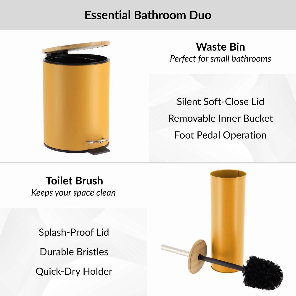 Evideco Mustard Yellow Bathroom Set With Bamboo Lid – Matte Metal Trash Can And Toilet Brush Bathroom Accessories Bath Coordinate Sets