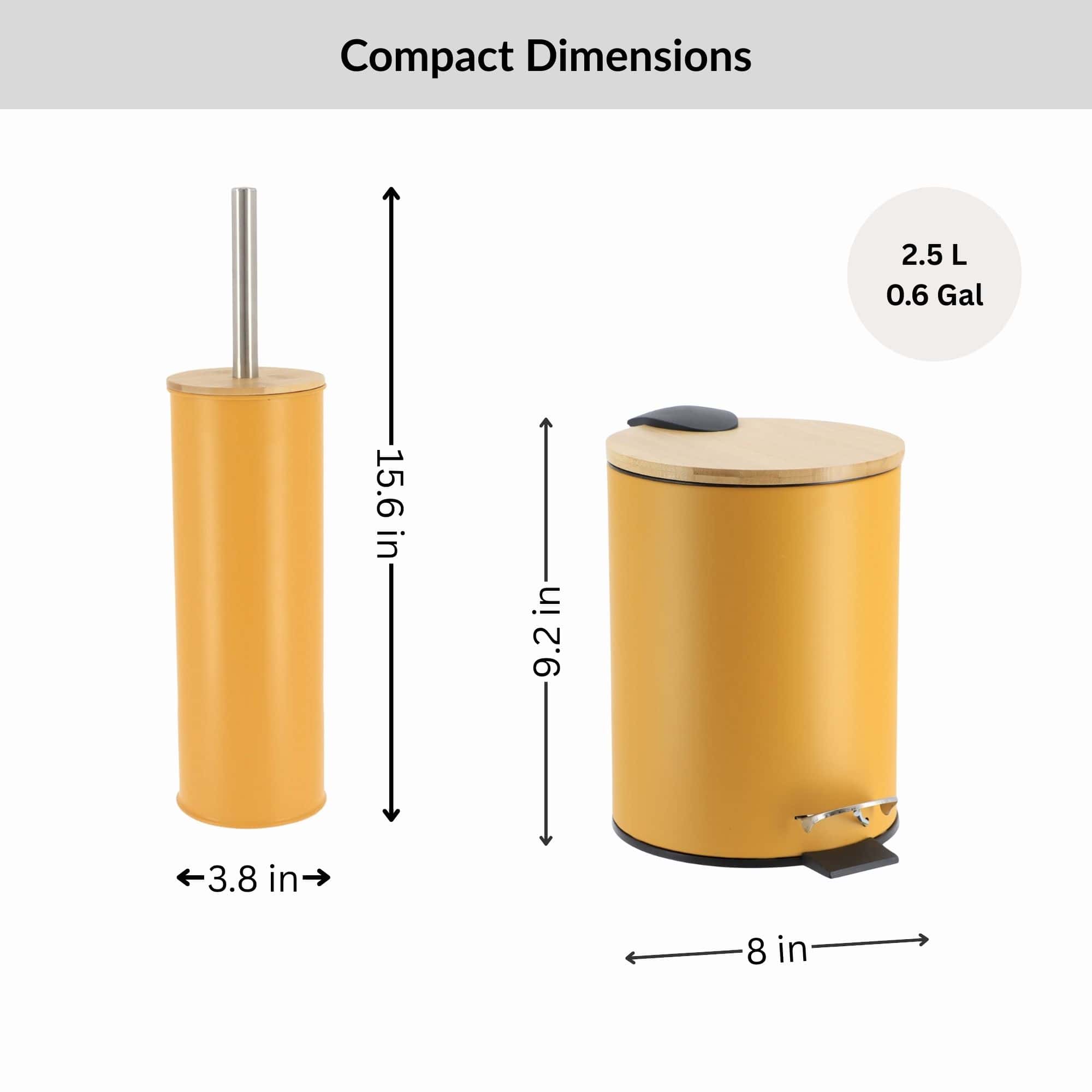 Evideco Mustard Yellow Bathroom Set With Bamboo Lid – Matte Metal Trash Can And Toilet Brush Bathroom Accessories Bath Coordinate Sets