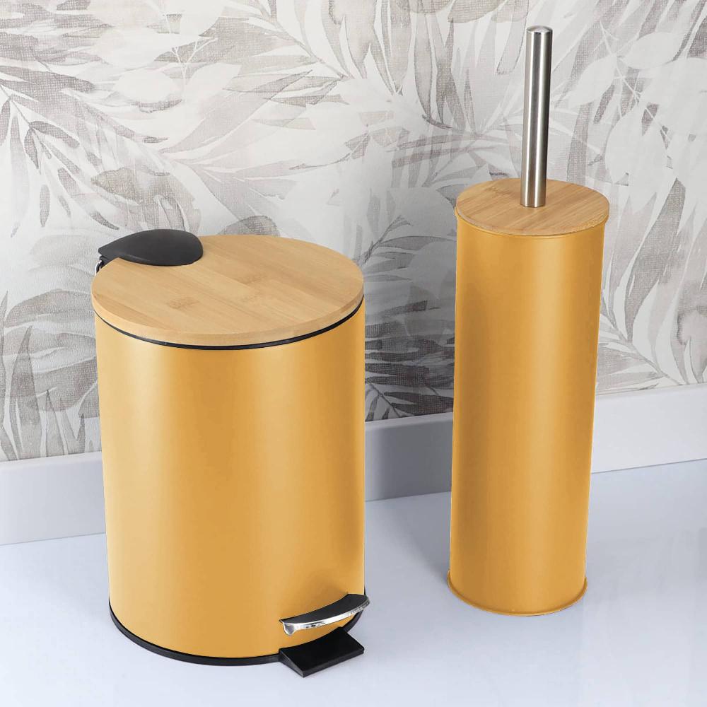 evideco Mustard Yellow Bathroom Set with Bamboo Lid – Matte Metal Trash Can and Toilet Brush Bathroom Accessories Bath Coordinate Sets