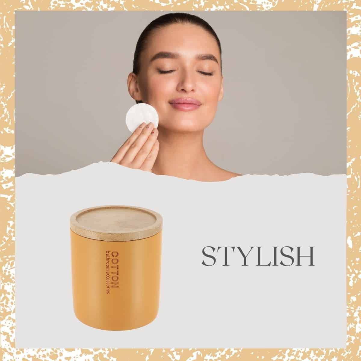 Evideco Mustard Yellow Cotton Pad Holder – Polyresin Bathroom Storage Container With Bamboo Lid Bathroom Accessories Cosmetic & Vanity Organizers