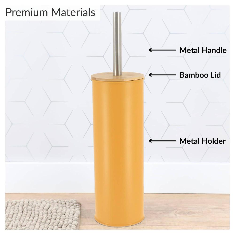 Evideco Mustard Yellow Metal Toilet Brush And Holder Set With Bamboo Lid Toilet Seats & Accessories Toilet Brushes