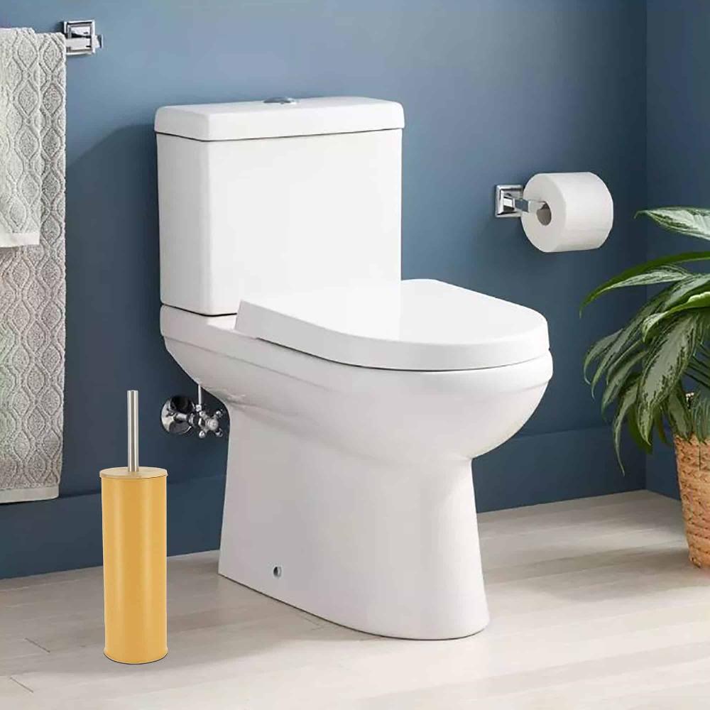 evideco Mustard Yellow Metal Toilet Brush and Holder Set With Bamboo Lid Toilet Seats & Accessories Toilet Brushes