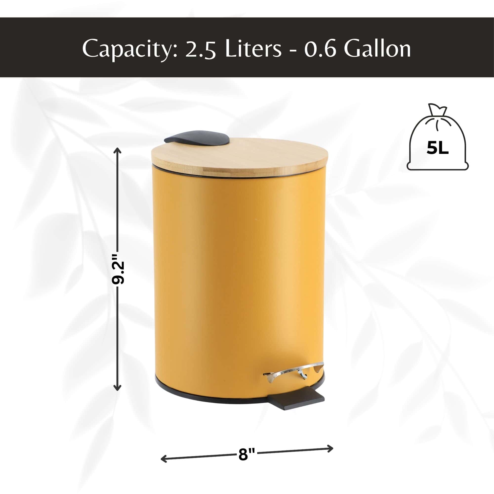 Evideco Mustard Yellow Trash Can With Bamboo Lid And Pedal 2.5L Capacity Toilet Seats & Accessories Toilet Wastebaskets Design & Solid