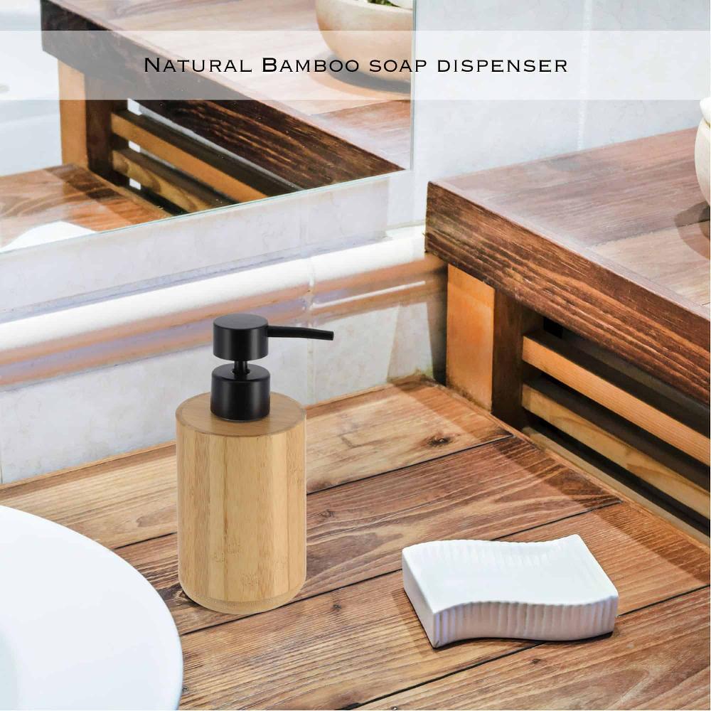 Evideco Natural Bamboo Liquid Soap Dispenser With Matte Black Pump – Refillable Wooden Hand Wash Dispenser 10 Fl Oz Bathroom Accessories Soap & Lotion Dispensers