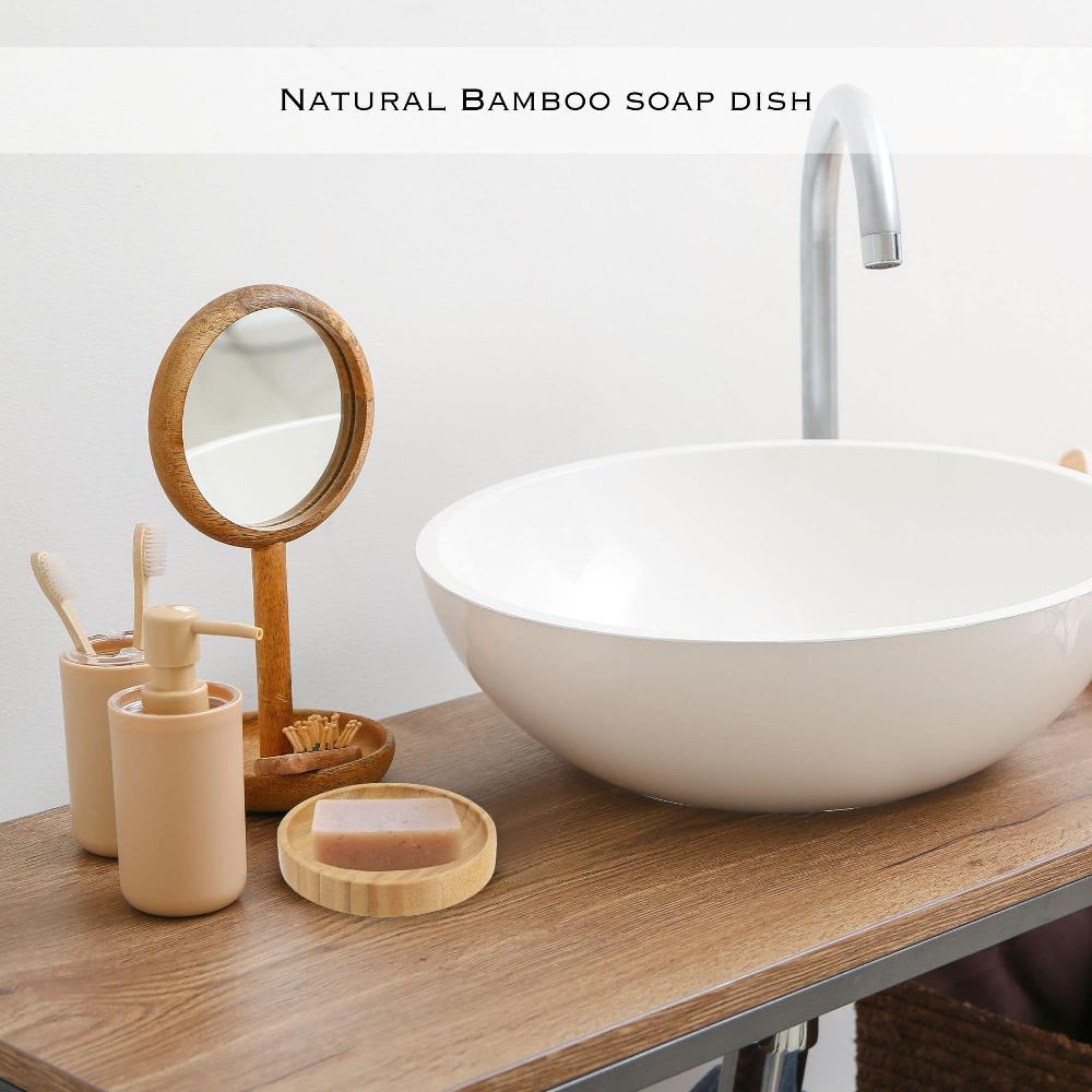 Evideco Natural Bamboo Soap Dish – Eco-Conscious Wooden Bar Soap Holder Elegant Round Design Bathroom Accessories Soap Dishes