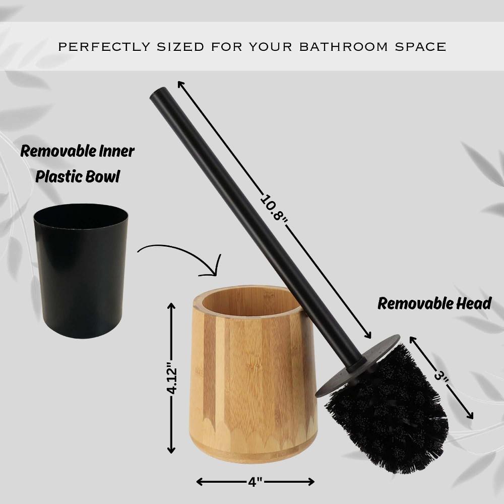 Evideco Natural Bamboo Toilet Brush And Holder Set – Durable Wooden Bathroom Ensemble Black Handle & Dense Bristles Toilet Seats & Accessories Toilet Brushes
