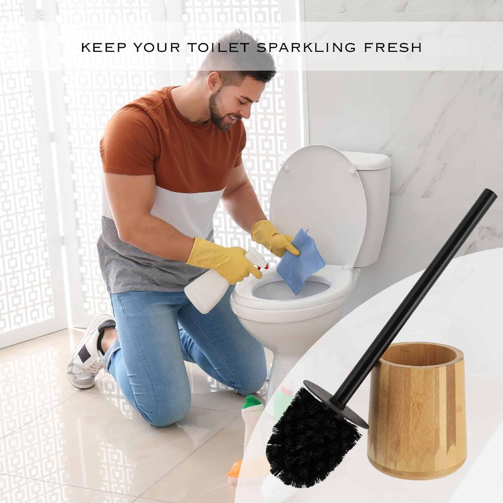Evideco Natural Bamboo Toilet Brush And Holder Set – Durable Wooden Bathroom Ensemble Black Handle & Dense Bristles Toilet Seats & Accessories Toilet Brushes