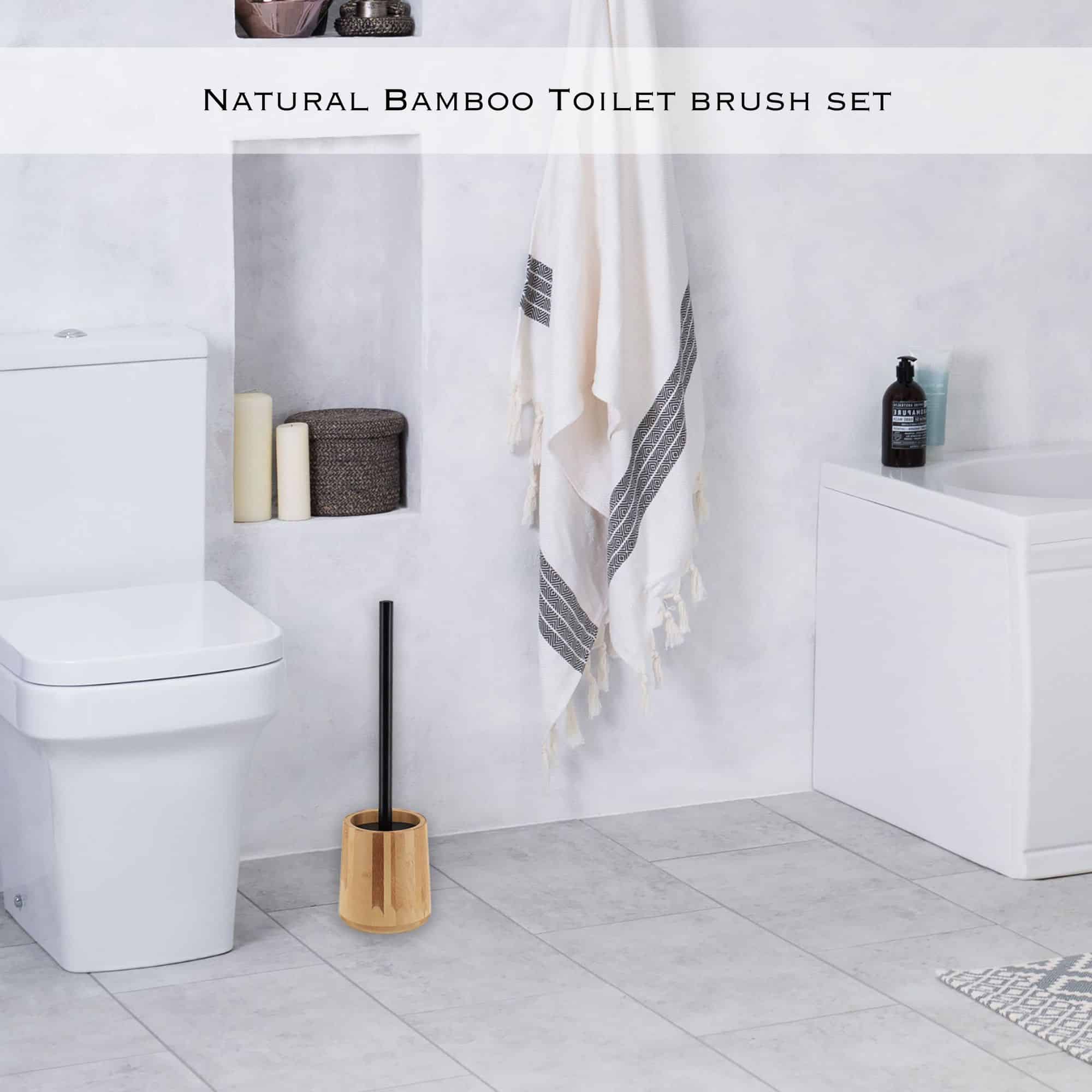 evideco Natural Bamboo Toilet Brush and Holder Set – Durable Wooden Bathroom Ensemble Black Handle & Dense Bristles Toilet Seats & Accessories Toilet Brushes