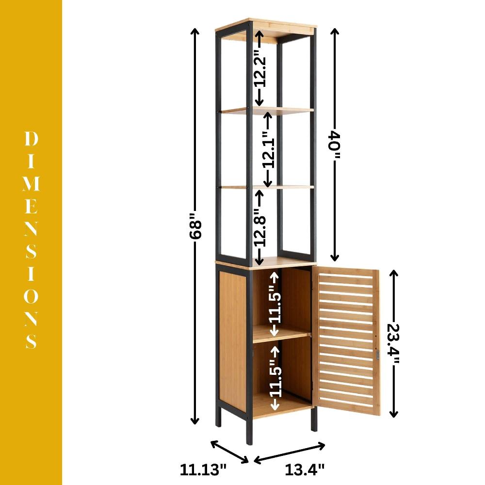 Evideco Natural Slim Storage Cabinet With Shelves Modern Black Frame And Vented Door Bathroom Storage & Furniture Tower Cabinets
