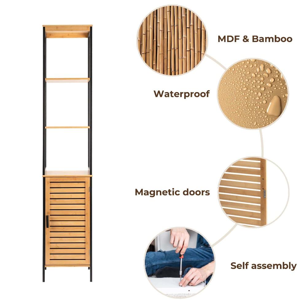 Evideco Natural Slim Storage Cabinet With Shelves Modern Black Frame And Vented Door Bathroom Storage & Furniture Tower Cabinets