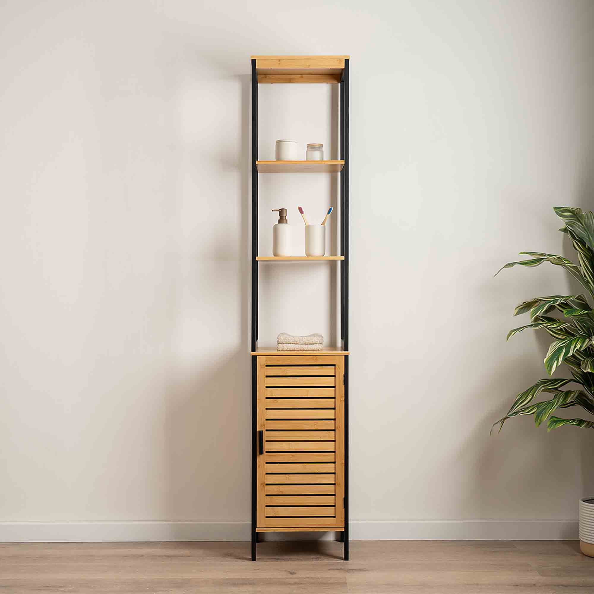 evideco Natural Slim Storage Cabinet with Shelves Modern Black Frame and Vented Door Bathroom Storage & Furniture Tower Cabinets