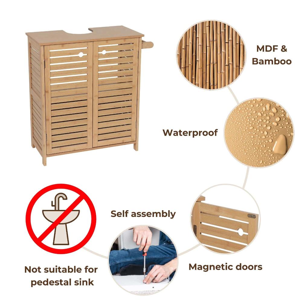 Evideco Natural Under Sink Cabinet With U-Shaped Cut-Out Double Vented Doors Towel Holder – Trinidad Collection Bathroom Storage & Furniture Under Sink Cabinets