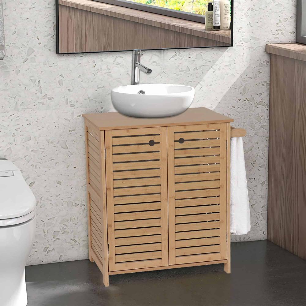 Evideco Natural Under Sink Cabinet With U-Shaped Cut-Out Double Vented Doors Towel Holder – Trinidad Collection Bathroom Storage & Furniture Under Sink Cabinets