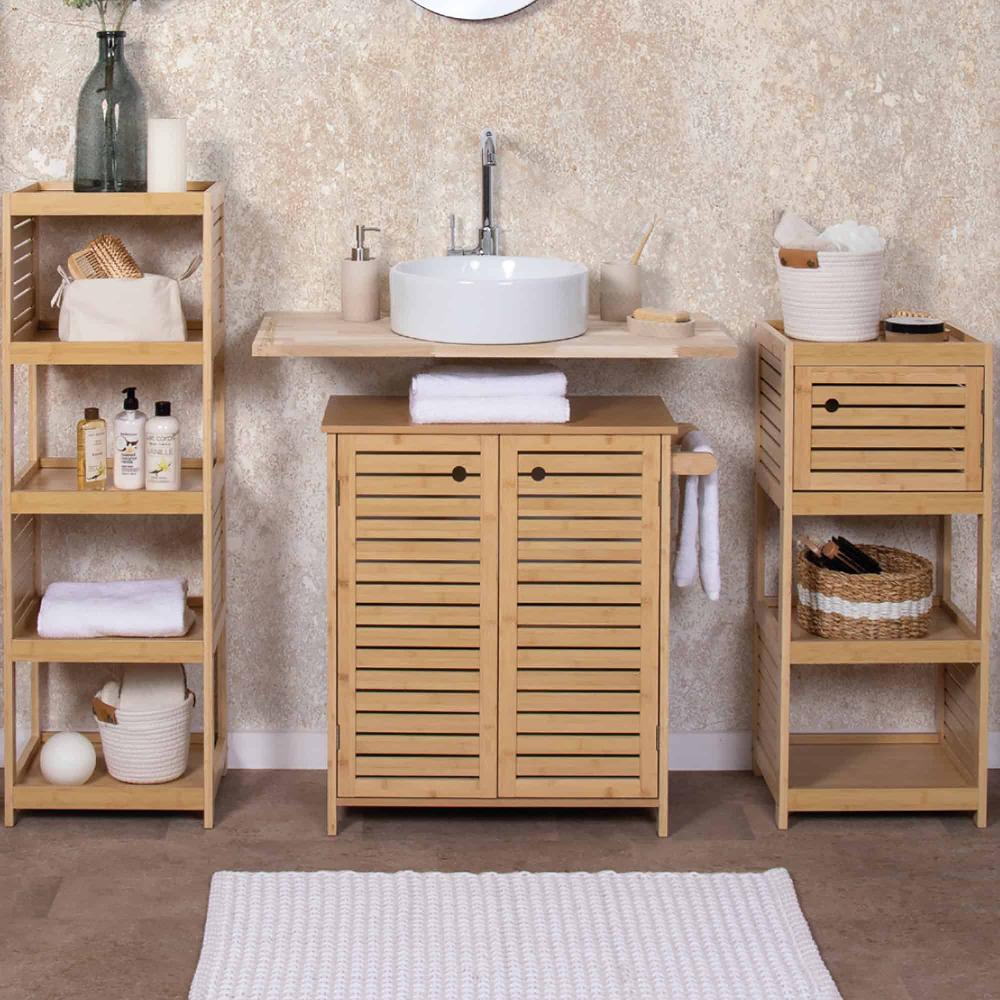 evideco Natural Under Sink Cabinet with U-Shaped Cut-Out Double Vented Doors Towel Holder – Trinidad Collection Bathroom Storage & Furniture Under Sink Cabinets