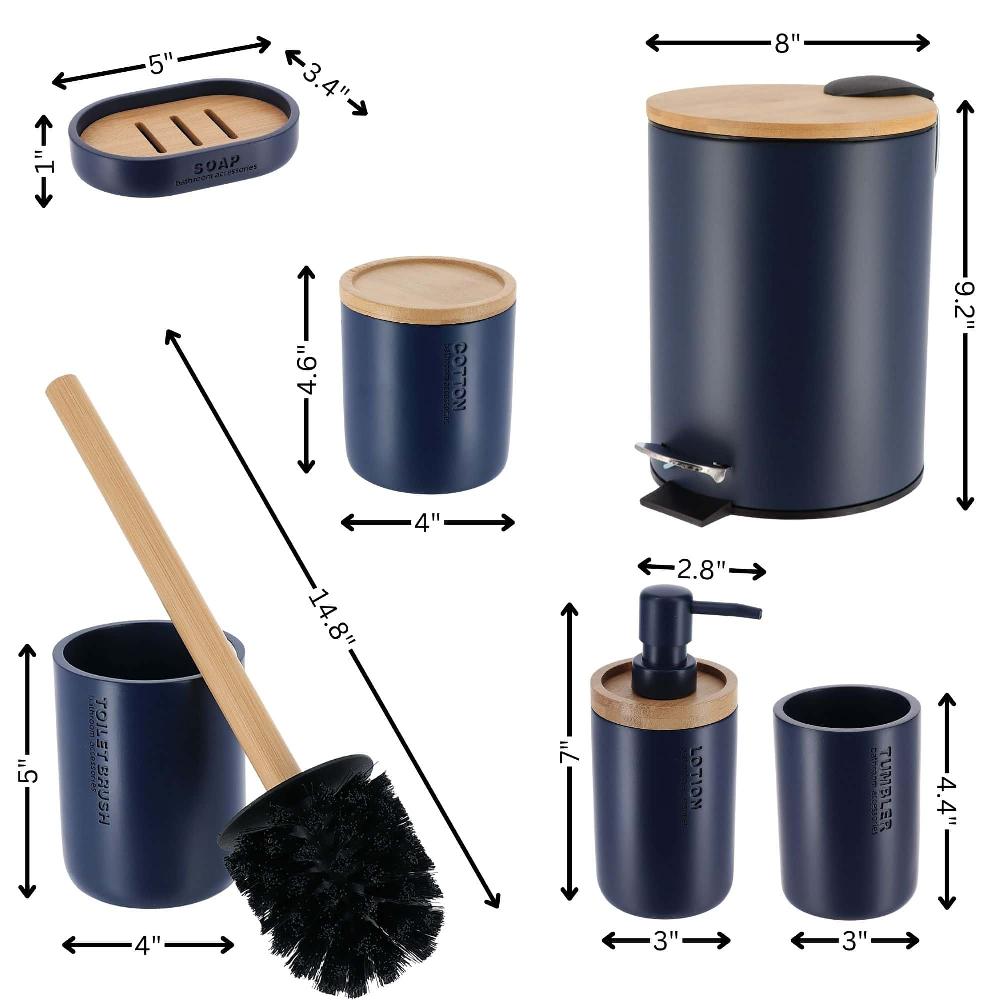 Evideco Navy Blue Bathroom Accessories With Natural Accents Modern 6-piece Set Bathroom Accessories Bath Coordinate Sets