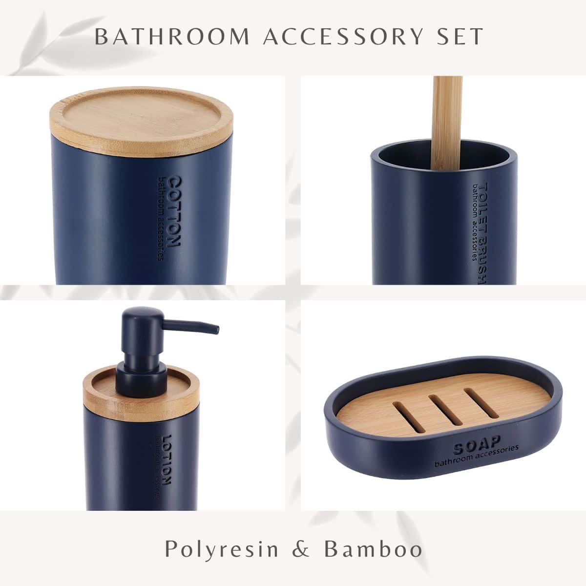 Evideco Navy Blue Bathroom Accessories With Natural Accents Modern 6-piece Set Bathroom Accessories Bath Coordinate Sets