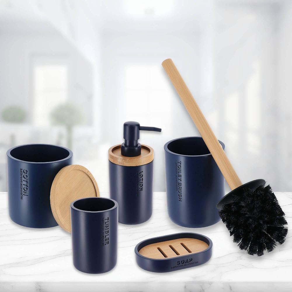 Evideco Navy Blue Bathroom Essentials Set With Natural Bamboo – 5 Pieces – Liquid Soap Pump Toothbrush Cup Toilet Brush Holder Cotton Container And Soap Holder Bathroom Accessories Bath Coordinate Sets