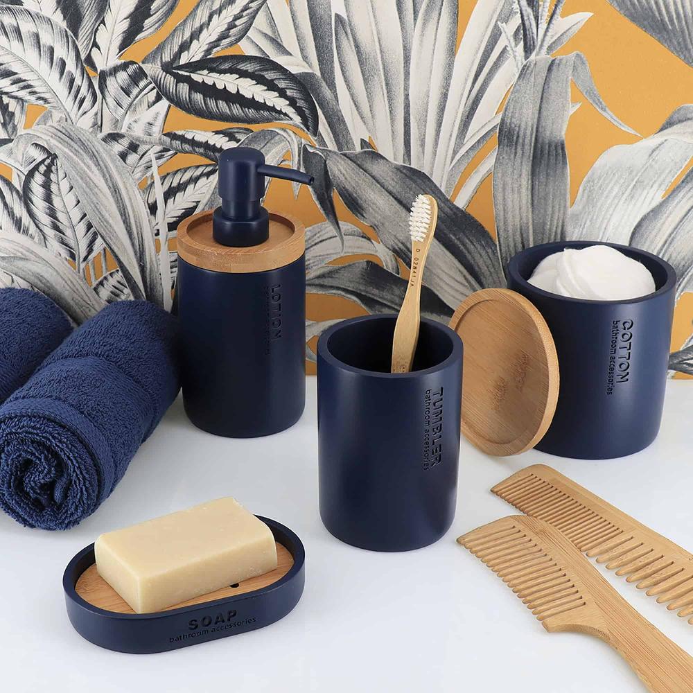 evideco Navy Blue Bathroom Essentials Set with Natural Bamboo – 5 pieces – Liquid Soap Pump Toothbrush Cup Toilet Brush Holder Cotton Container and Soap Holder Bathroom Accessories Bath Coordinate Sets