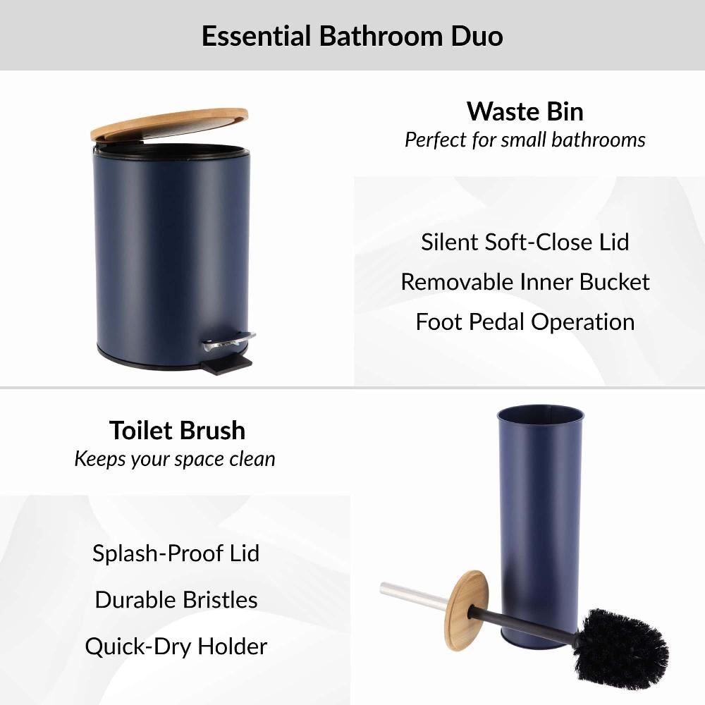 Evideco Navy Blue Bathroom Set With Bamboo Lid – Matte Metal Trash Can And Toilet Brush Bathroom Accessories Bath Coordinate Sets