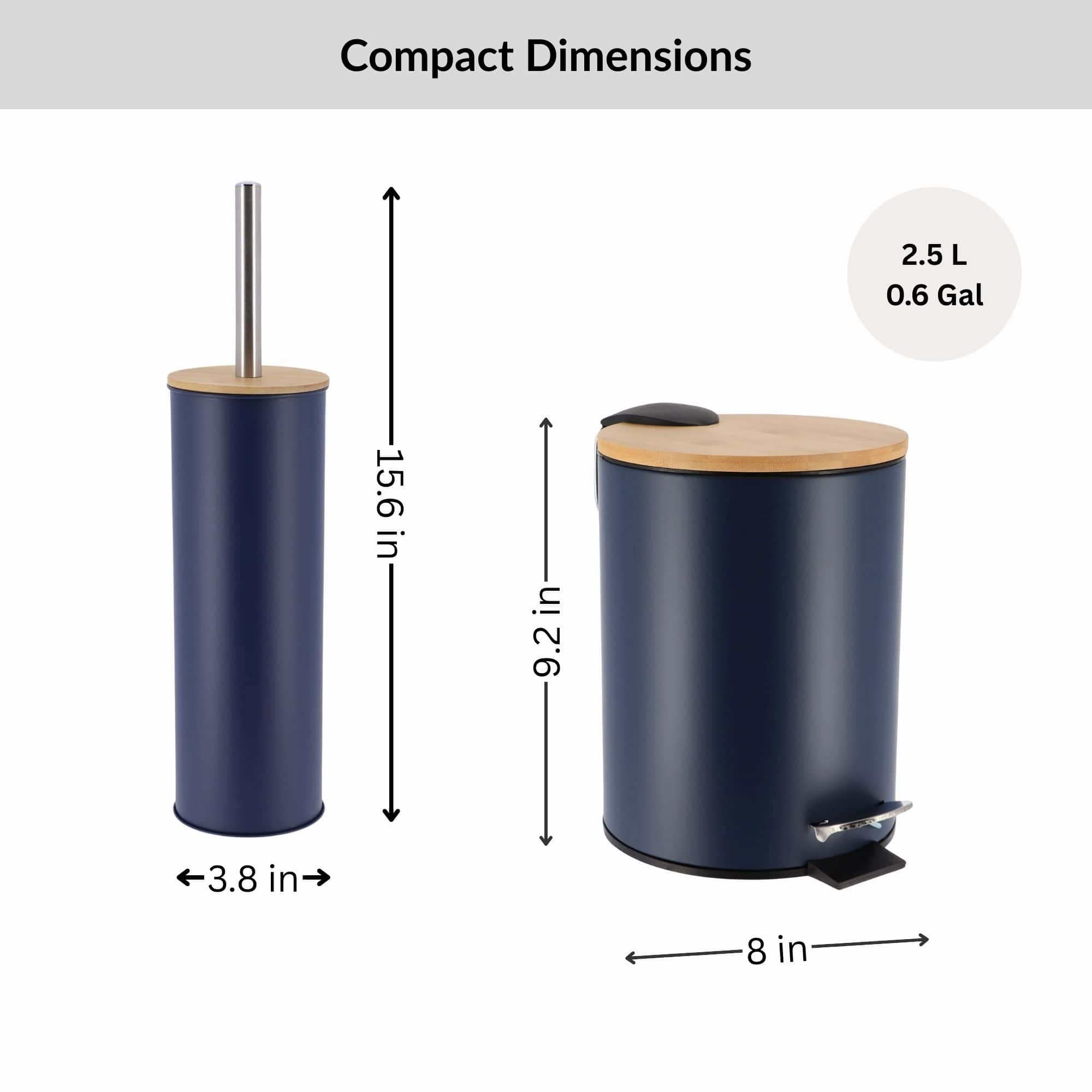 Evideco Navy Blue Bathroom Set With Bamboo Lid – Matte Metal Trash Can And Toilet Brush Bathroom Accessories Bath Coordinate Sets
