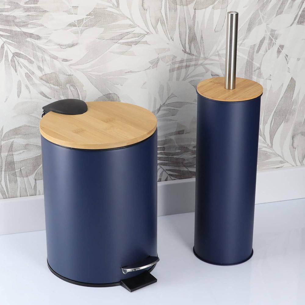 evideco Navy Blue Bathroom Set with Bamboo Lid – Matte Metal Trash Can and Toilet Brush Bathroom Accessories Bath Coordinate Sets