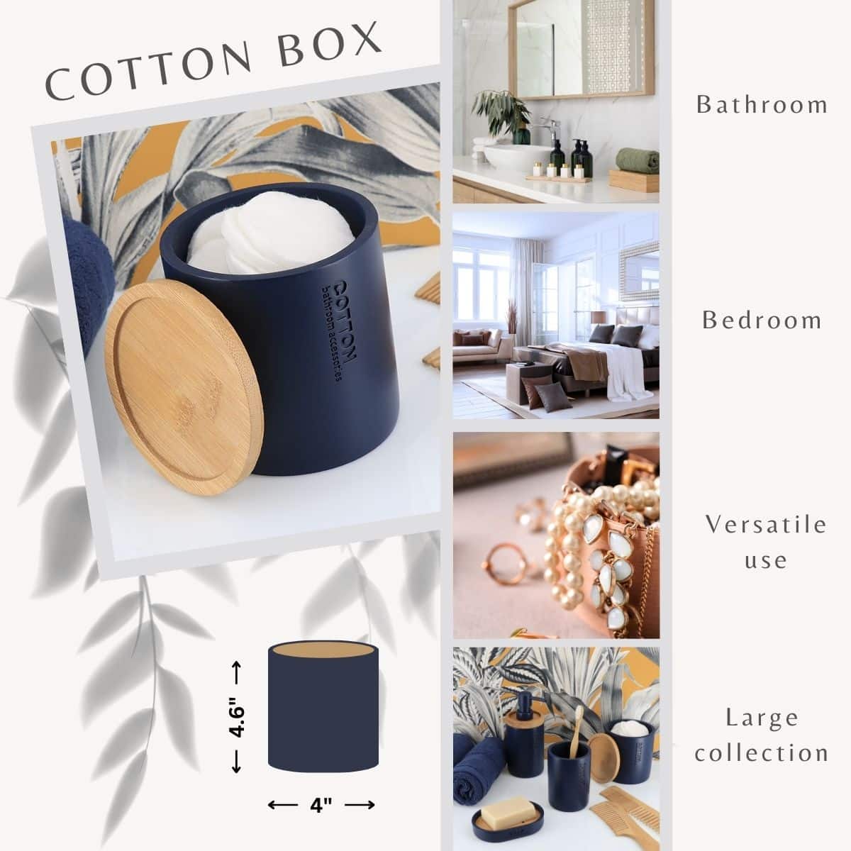 Evideco Navy Blue Cotton Pad Holder – Polyresin Bathroom Storage Container With Bamboo Lid Bathroom Accessories Cosmetic & Vanity Organizers