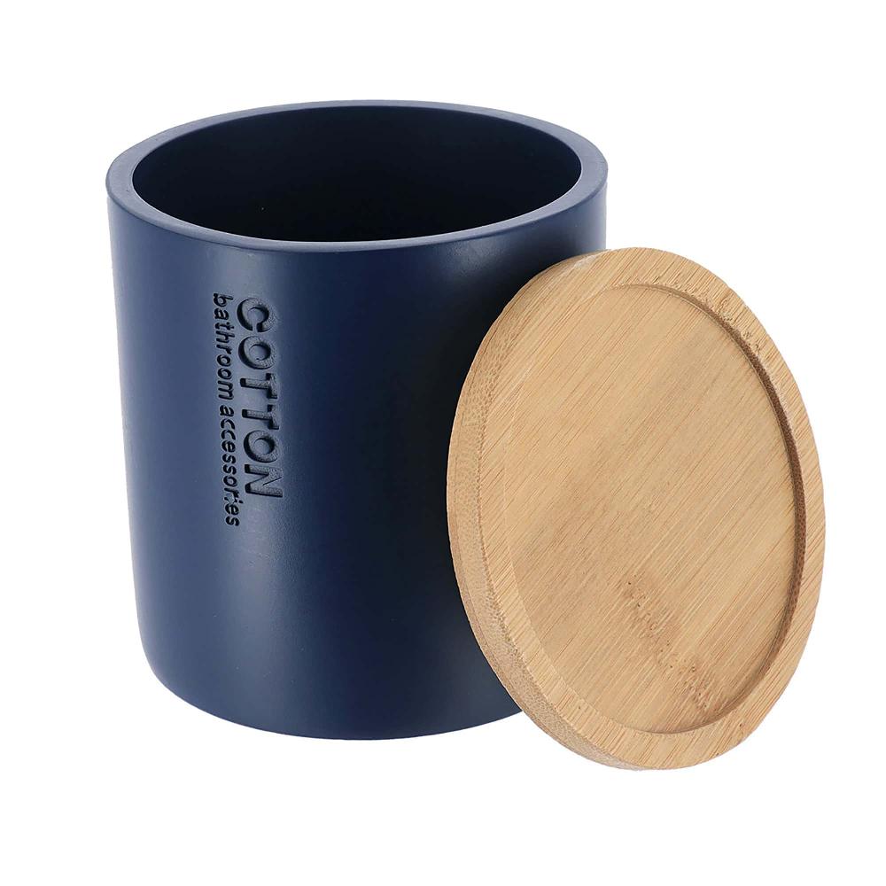 Evideco Navy Blue Cotton Pad Holder – Polyresin Bathroom Storage Container With Bamboo Lid Bathroom Accessories Cosmetic & Vanity Organizers