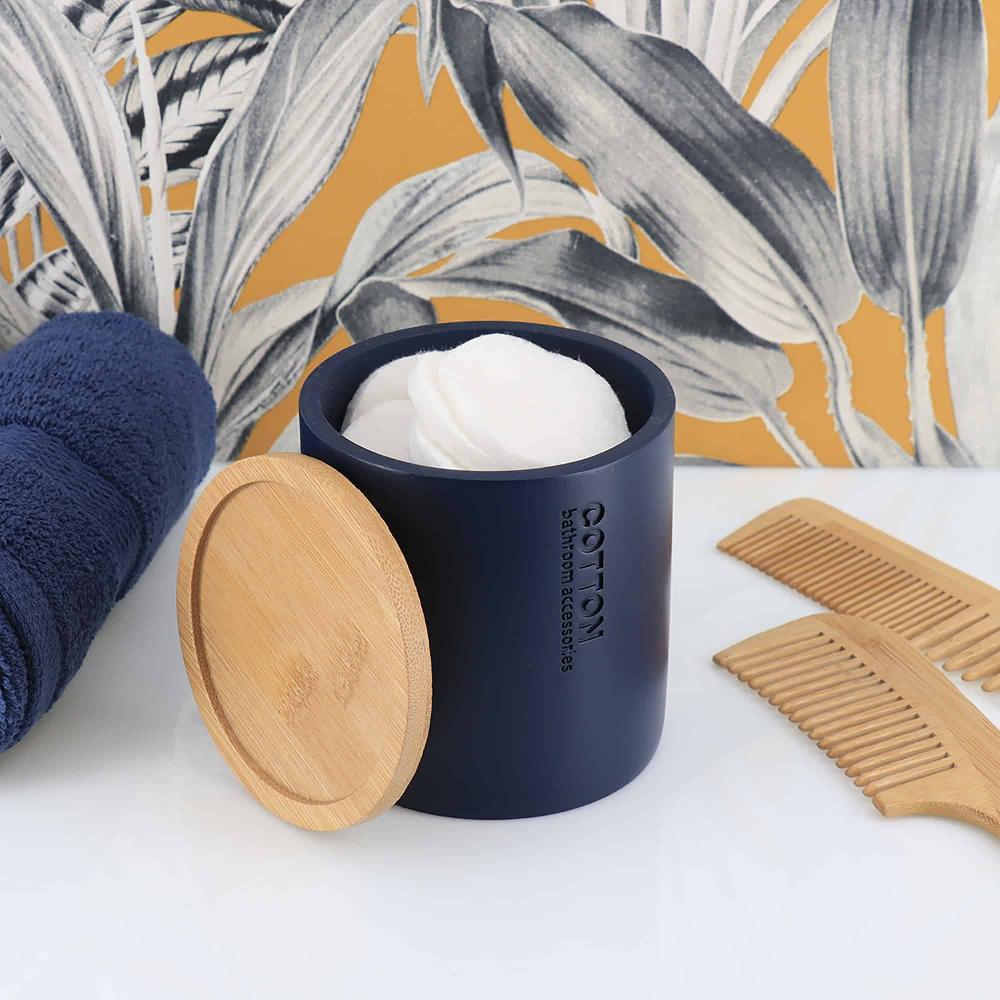 evideco Navy Blue Cotton Pad Holder – Polyresin Bathroom Storage Container with Bamboo Lid Bathroom Accessories Cosmetic & Vanity Organizers