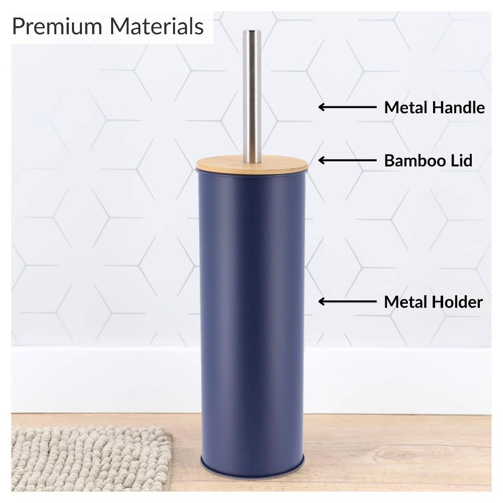 Evideco Navy Blue Metal Toilet Brush And Holder Set With Bamboo Lid Toilet Seats & Accessories Toilet Brushes