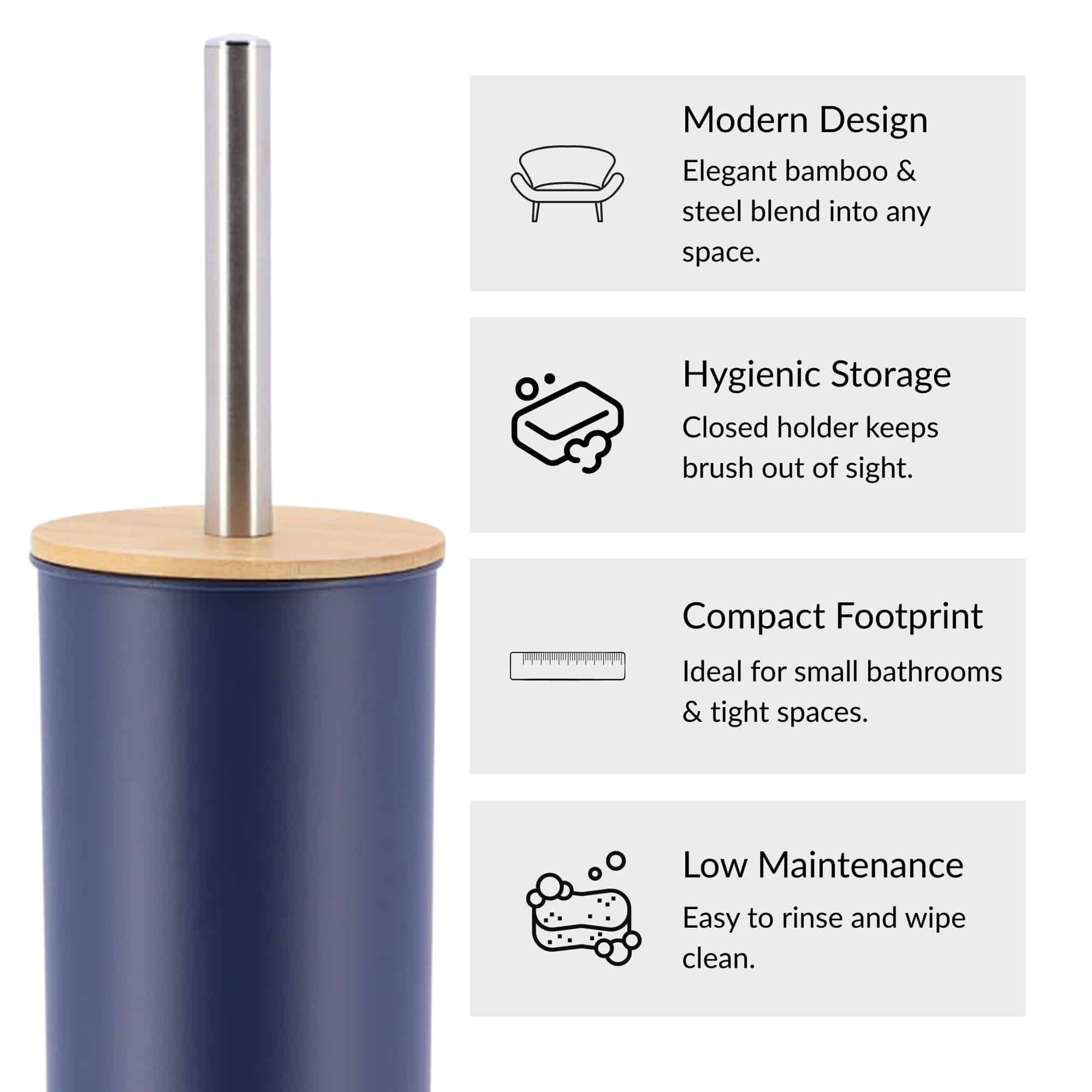 Evideco Navy Blue Metal Toilet Brush And Holder Set With Bamboo Lid Toilet Seats & Accessories Toilet Brushes
