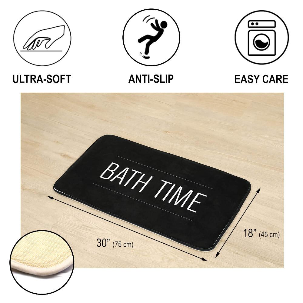 Evideco Non-Slip Microfiber Bathmat And Contour Rug With ‘Bath Time’ Design For Comfort And Safety – Upgrade Your Bathroom With Our Black 2-Piece Set Bathroom Mats & Rugs Bath Rugs