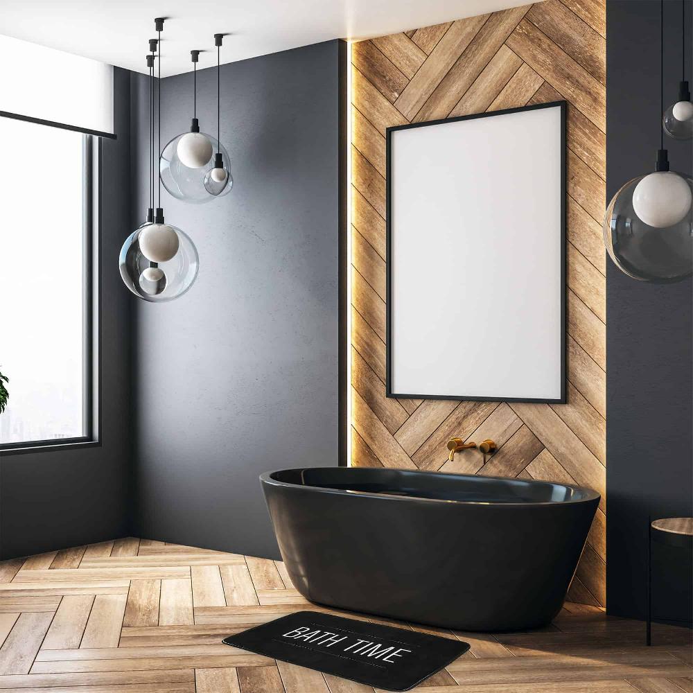 Evideco Non-Slip Microfiber Bathmat And Contour Rug With ‘Bath Time’ Design For Comfort And Safety – Upgrade Your Bathroom With Our Black 2-Piece Set Bathroom Mats & Rugs Bath Rugs