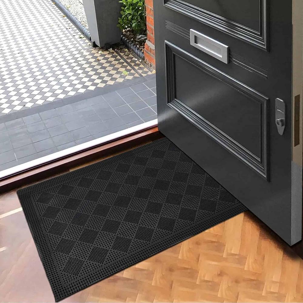 Evideco Outdoor Front Door Mat Drew Checkerboard Rubber Rug 24×16 Black Home Accessories Door Mats Outdoor