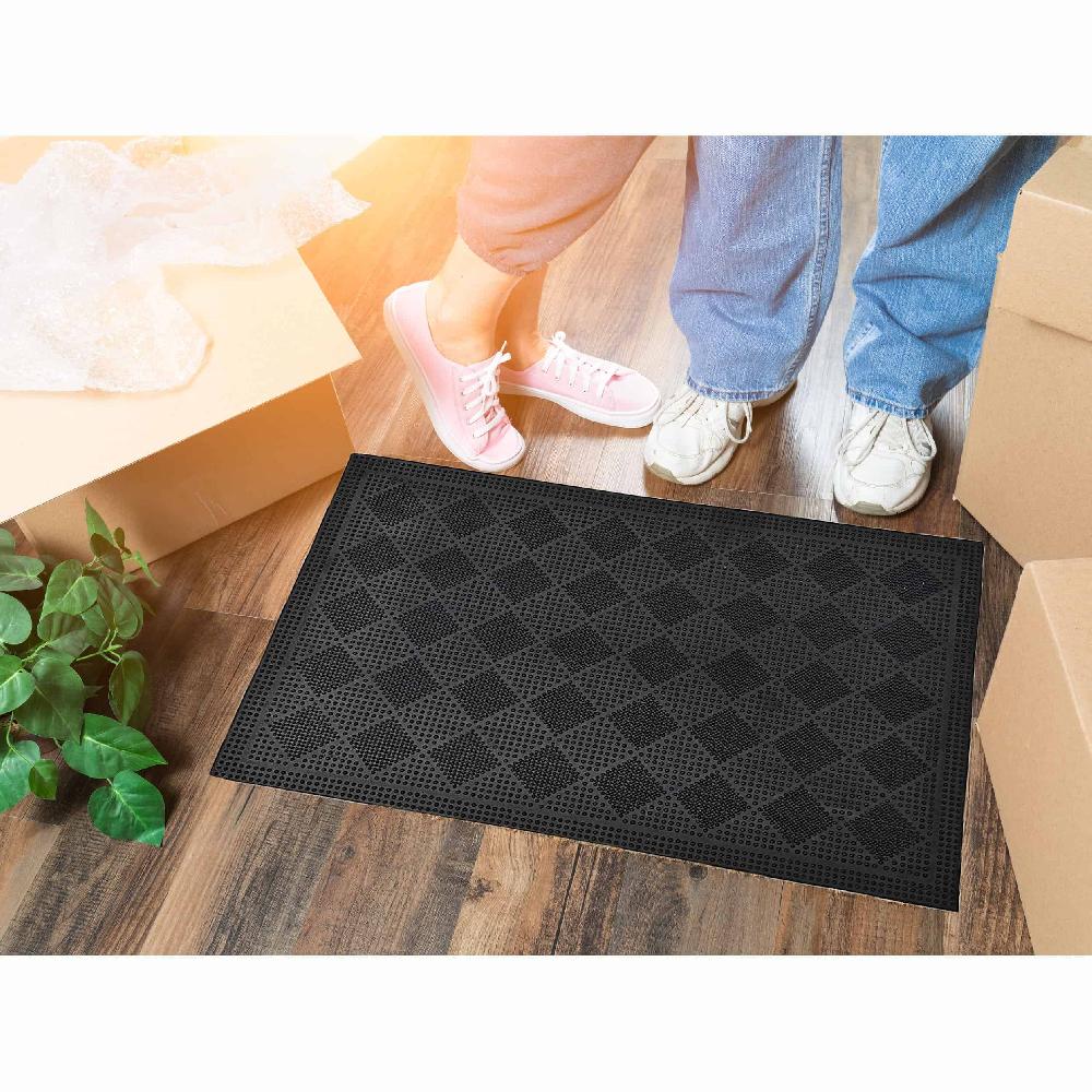 Evideco Outdoor Front Door Mat Drew Checkerboard Rubber Rug 24×16 Black Home Accessories Door Mats Outdoor