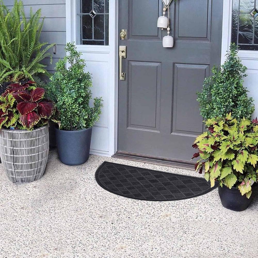 Evideco Outdoor Half Round Front Door Mat Drew Checkerboard Rubber Rug 24×16 Black Home Accessories Door Mats Outdoor