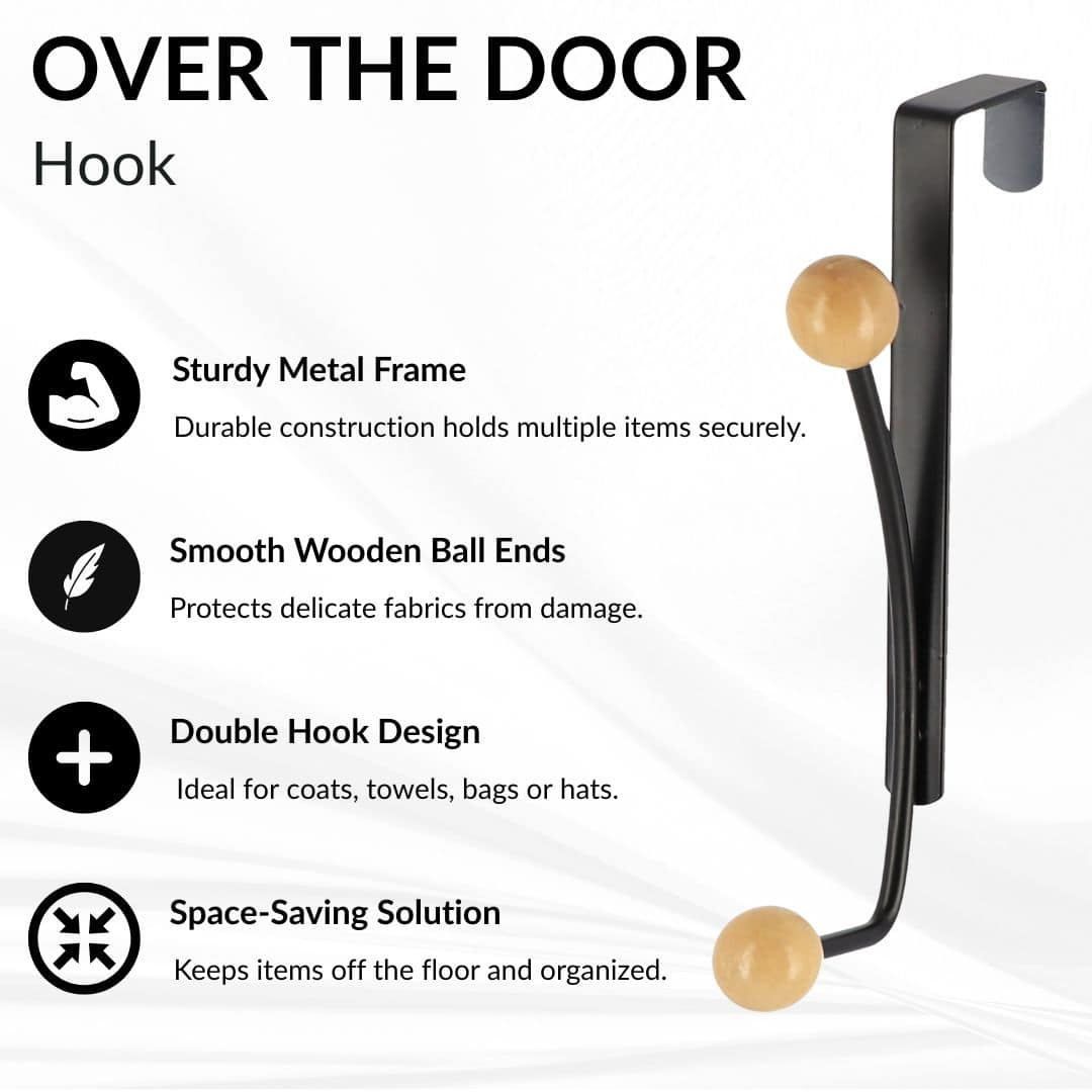 Evideco Over The Door Hook Rack Black Finish With 2 Natural Wooden Ball Ends Bathroom Storage & Furniture Hooks & Rails Hooks And Rails Over The Door