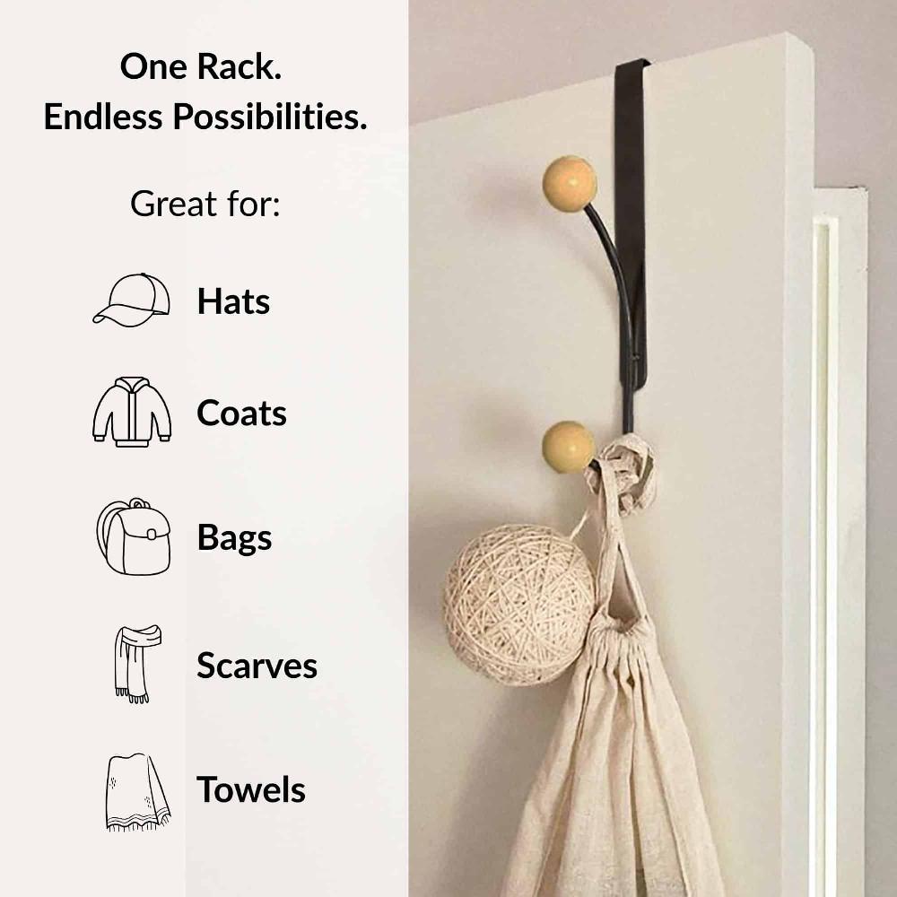 Evideco Over The Door Hook Rack Black Finish With 2 Natural Wooden Ball Ends Bathroom Storage & Furniture Hooks & Rails Hooks And Rails Over The Door