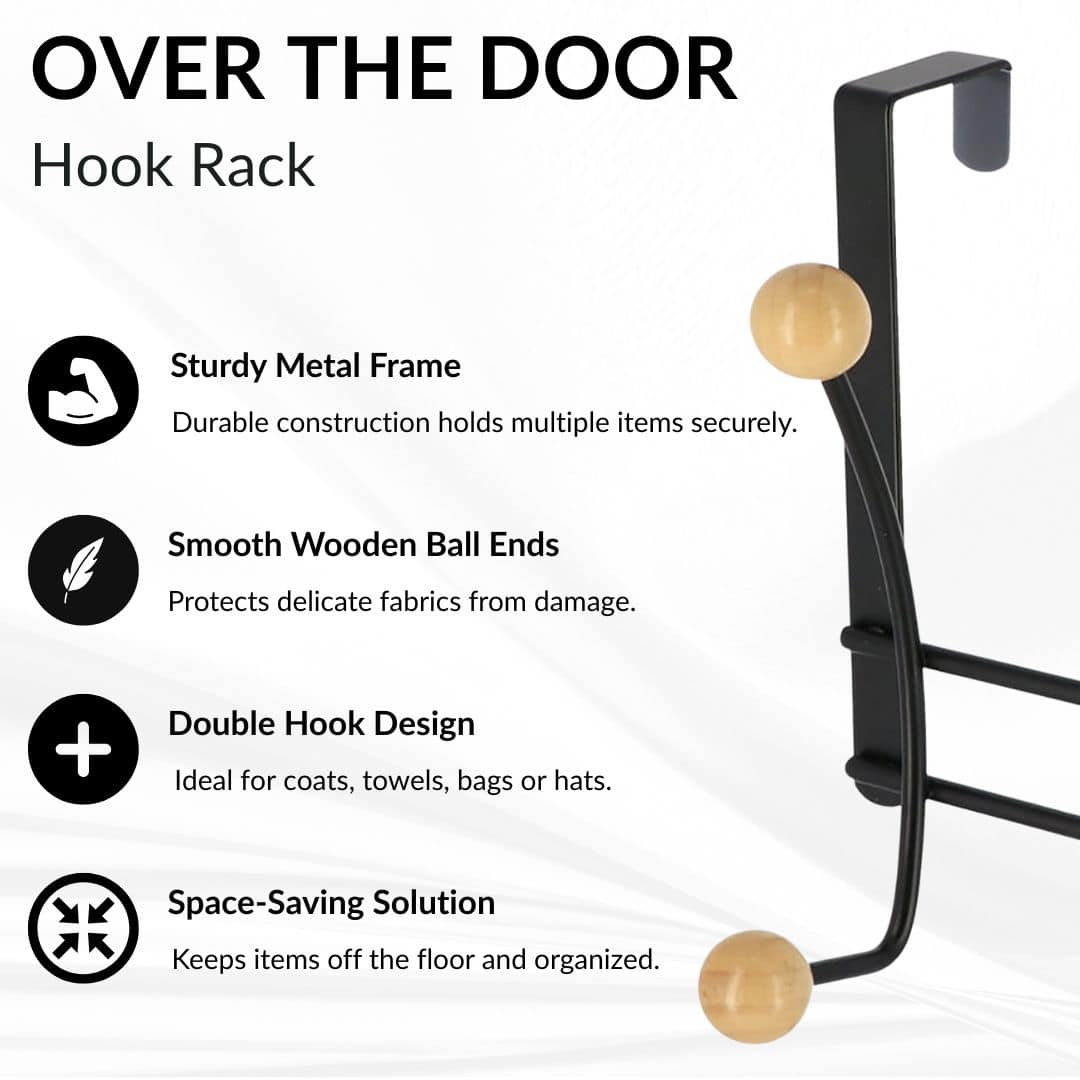 Evideco Over The Door Hook Rack Black Finish With 4 Natural Wooden Ball Ends Bathroom Storage & Furniture Hooks & Rails Hooks And Rails Over The Door