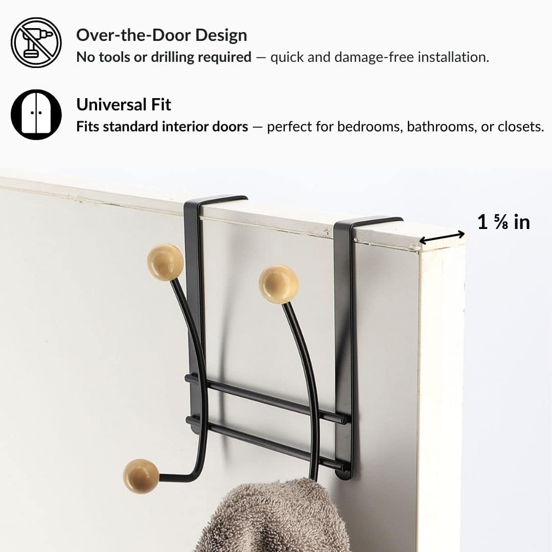 Evideco Over The Door Hook Rack Black Finish With 4 Natural Wooden Ball Ends Bathroom Storage & Furniture Hooks & Rails Hooks And Rails Over The Door