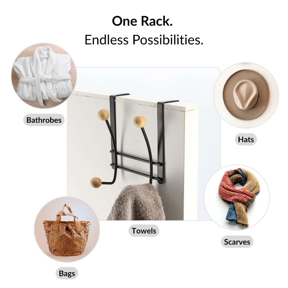 Evideco Over The Door Hook Rack Black Finish With 4 Natural Wooden Ball Ends Bathroom Storage & Furniture Hooks & Rails Hooks And Rails Over The Door