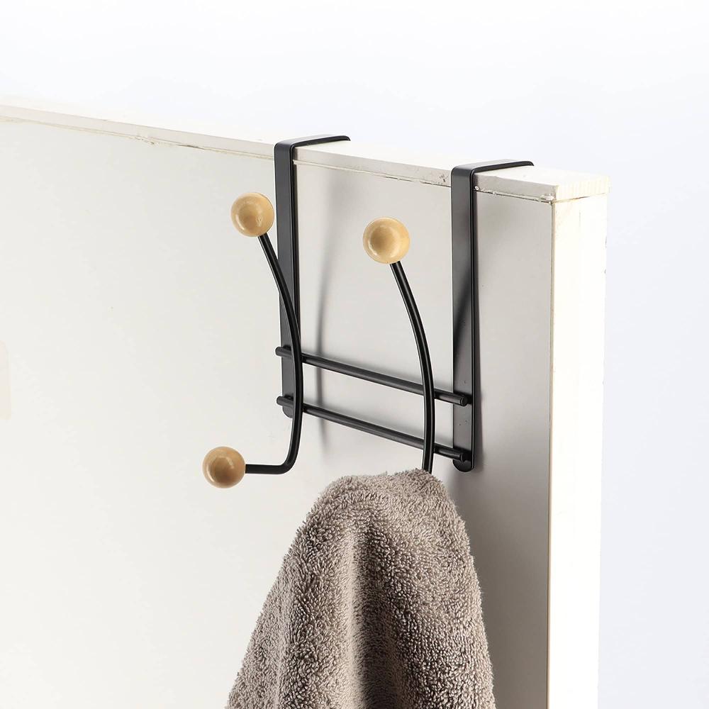 evideco Over The Door Hook Rack Black Finish with 4 Natural Wooden Ball Ends Bathroom Storage & Furniture Hooks & Rails Hooks and Rails Over the door