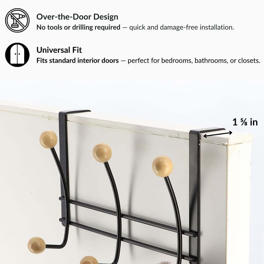 Evideco Over The Door Hook Rack Black Finish With 6 Natural Wooden Ball Ends Bathroom Storage & Furniture Hooks & Rails Hooks And Rails Over The Door