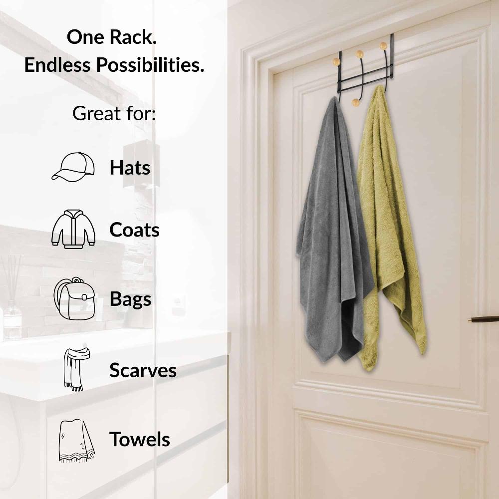 Evideco Over The Door Hook Rack Black Finish With 6 Natural Wooden Ball Ends Bathroom Storage & Furniture Hooks & Rails Hooks And Rails Over The Door