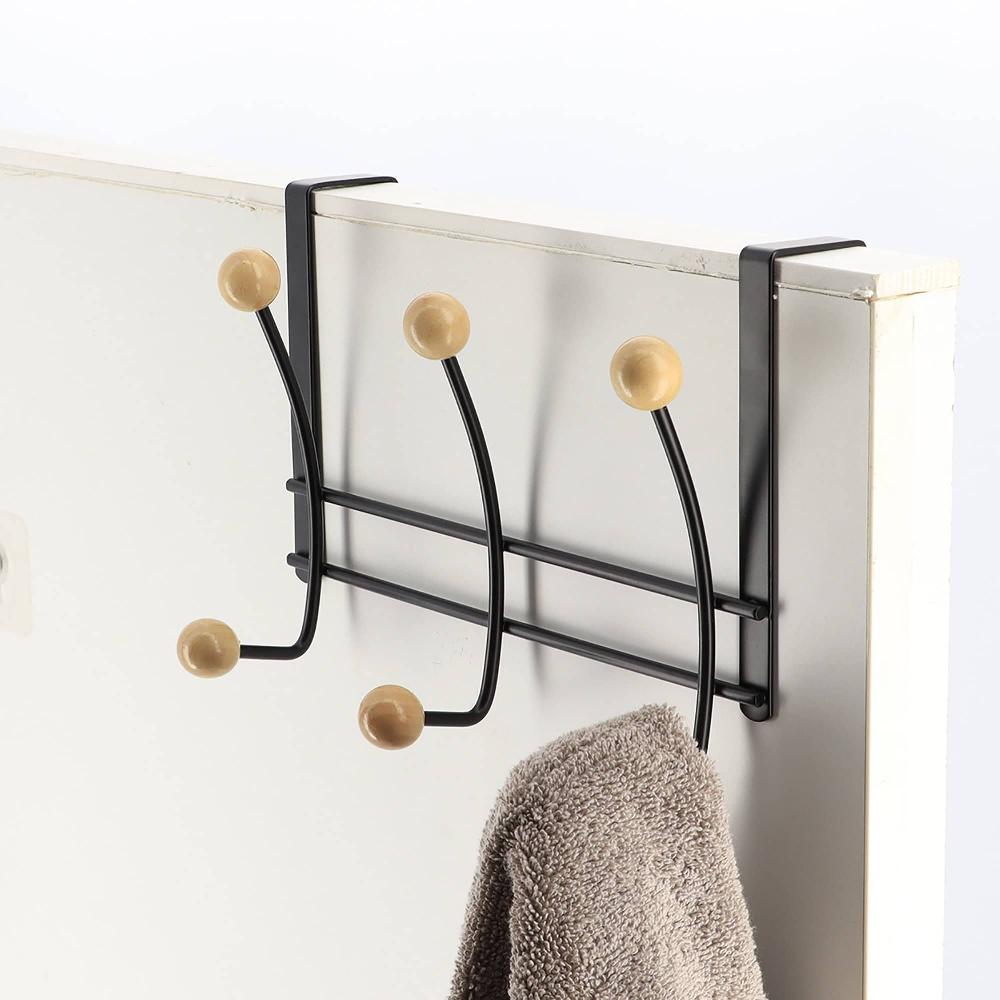 evideco Over The Door Hook Rack Black Finish with 6 Natural Wooden Ball Ends Bathroom Storage & Furniture Hooks & Rails Hooks and Rails Over the door