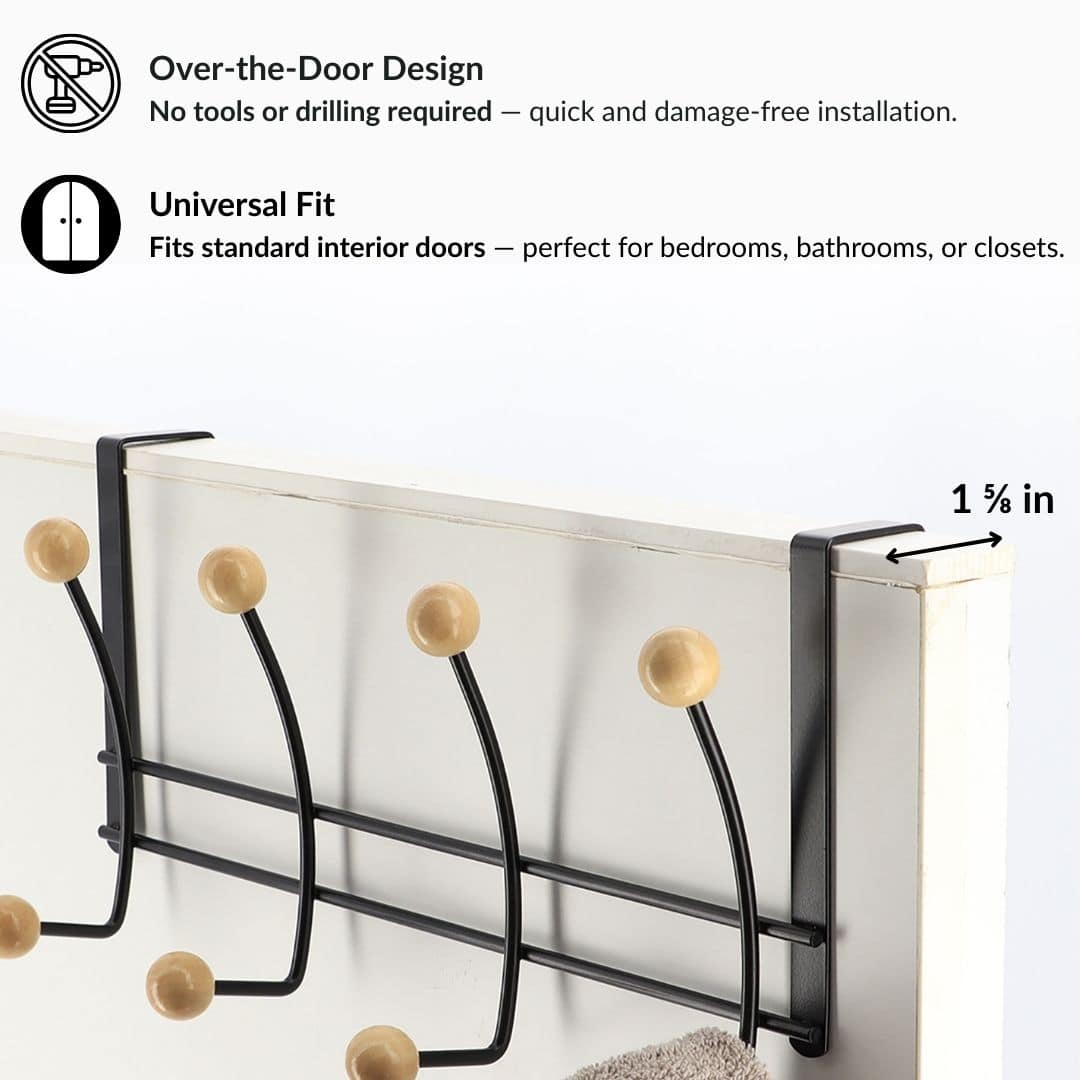 Evideco Over The Door Hook Rack Black Finish With 8 Natural Wooden Ball Ends Bathroom Storage & Furniture Hooks & Rails Hooks And Rails Over The Door