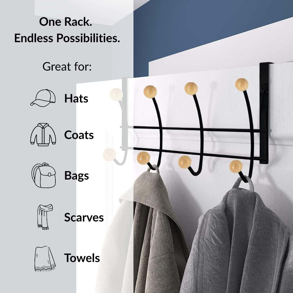 Evideco Over The Door Hook Rack Black Finish With 8 Natural Wooden Ball Ends Bathroom Storage & Furniture Hooks & Rails Hooks And Rails Over The Door